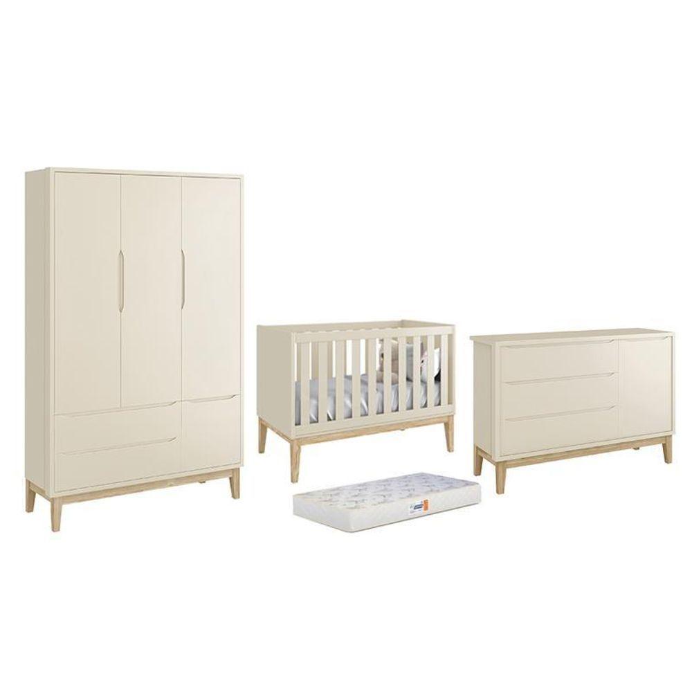 Dormitório Classic 3 Portas Areia Com Pés Madeira Natural E Colchão D18 Branco - Reller Móveis Areia Fosco - 1