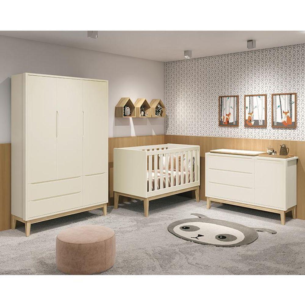 Dormitório Classic 3 Portas Areia Com Pés Madeira Natural E Colchão D18 Branco - Reller Móveis Areia Fosco - 2