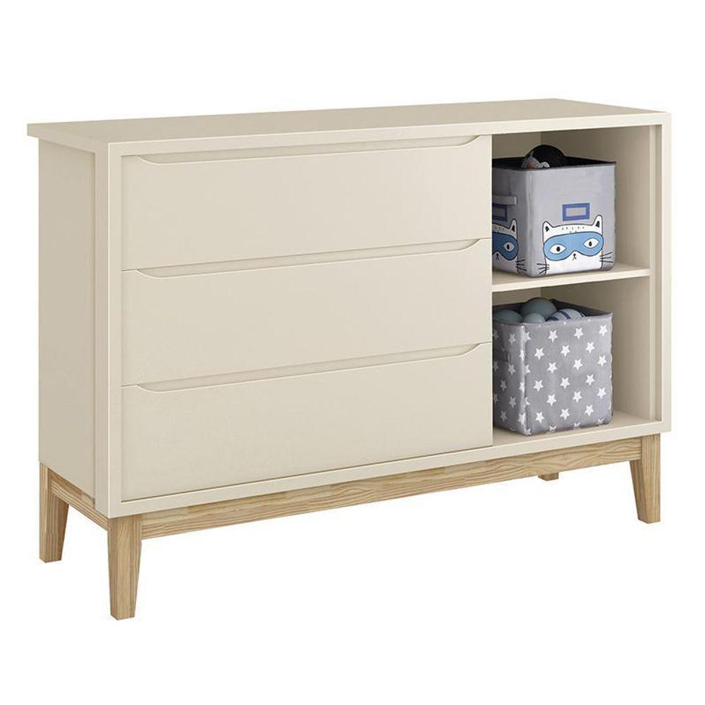 Dormitório Classic 3 Portas Areia Com Pés Madeira Natural E Colchão D18 Branco - Reller Móveis Areia Fosco - 4