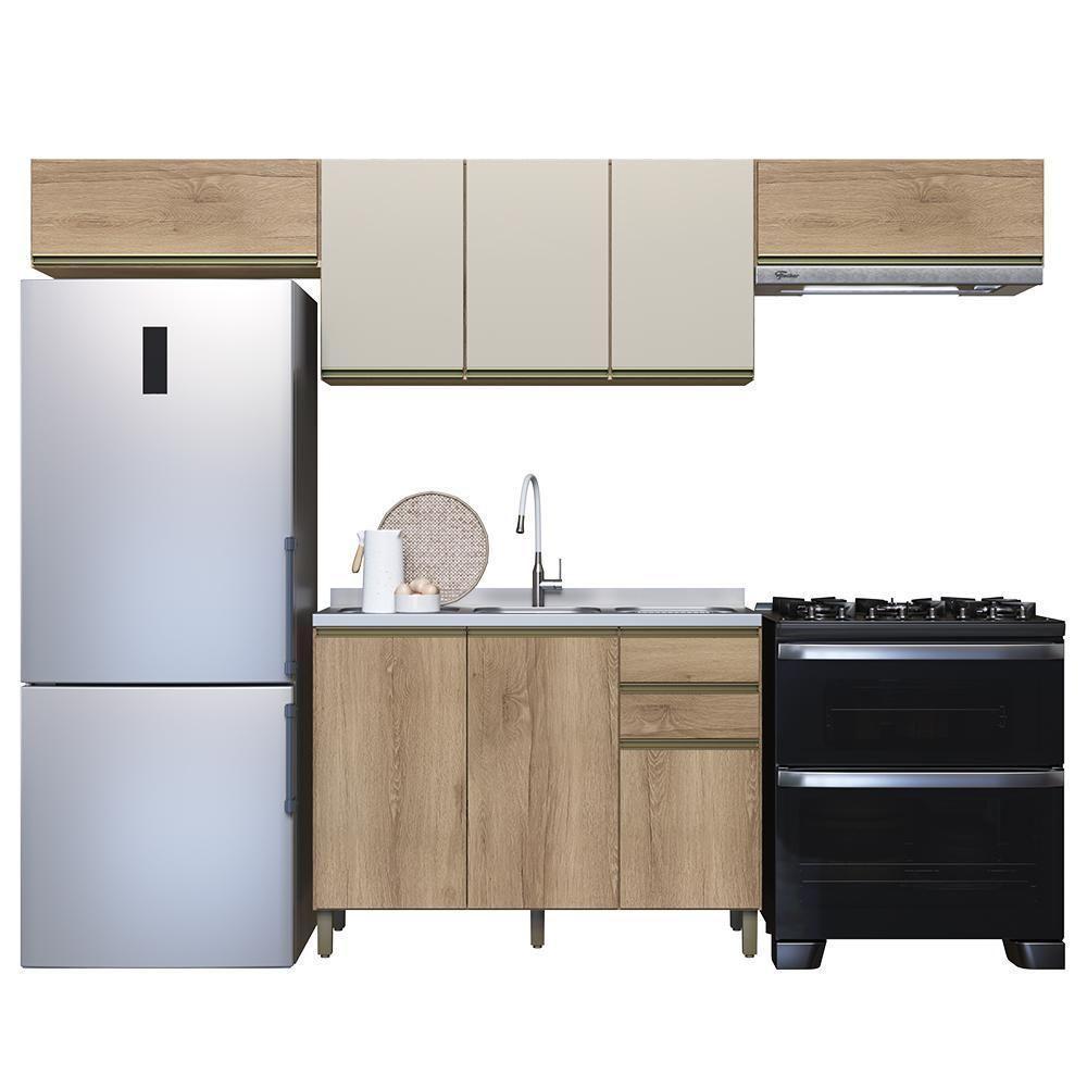 Cozinha Modulada Dinamarca 4 Peças Castani Com Aéreo 120 Com Vidro Off White - Indékes Castani - 1