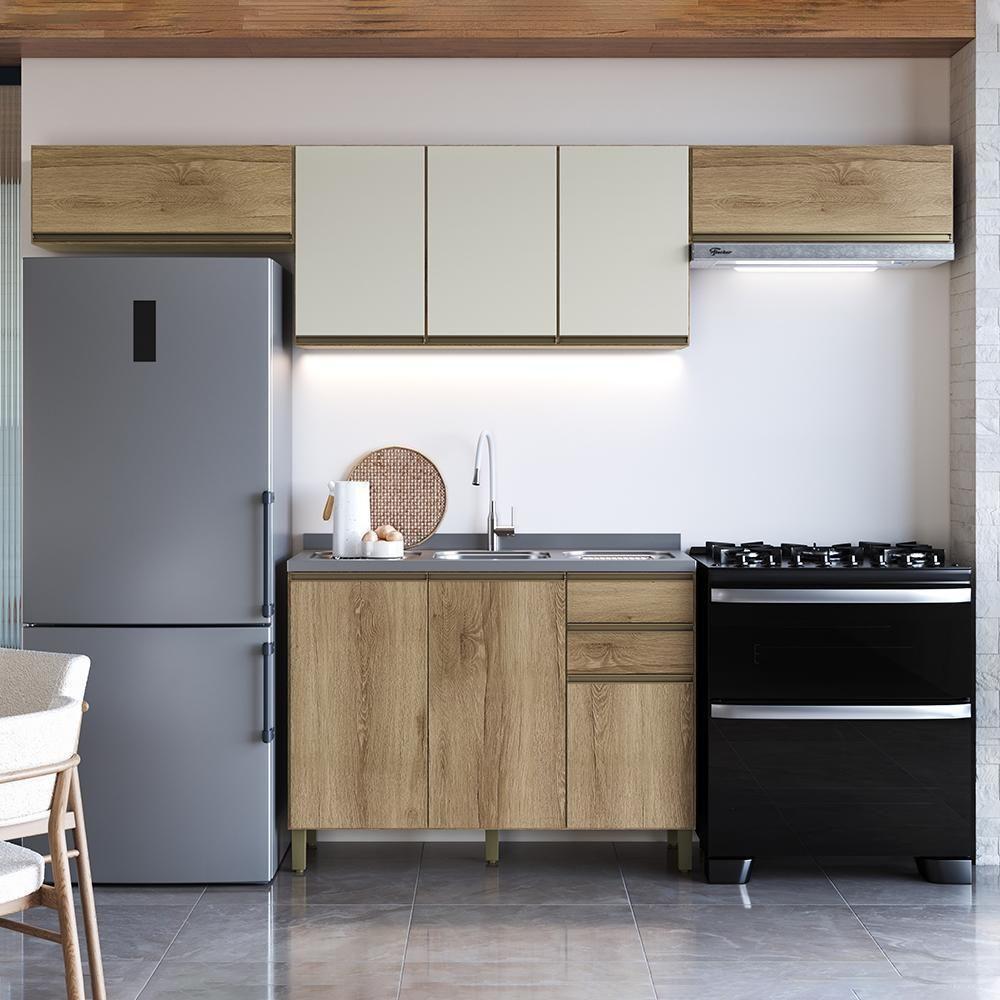 Cozinha Modulada Dinamarca 4 Peças Castani Com Aéreo 120 Com Vidro Off White - Indékes Castani - 2