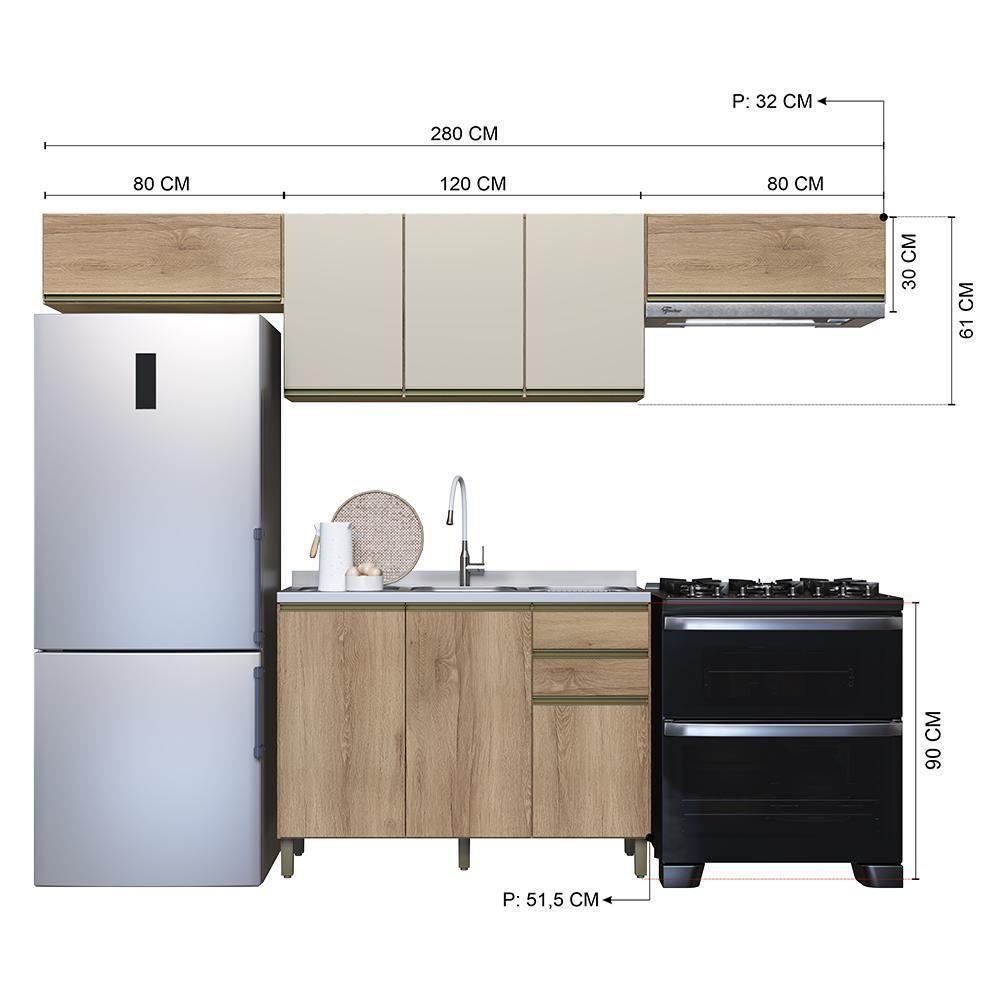 Cozinha Modulada Dinamarca 4 Peças Castani Com Aéreo 120 Com Vidro Off White - Indékes Castani - 4