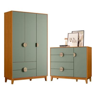 Jogo de Quarto Ipê com Guarda Roupa 4 Portas Giratórias 6 Gavetas em MDF Cinamomo-Sálvia