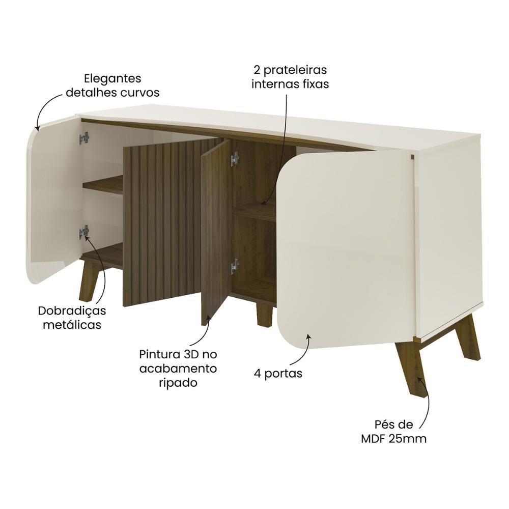 Aparador Buffet 160cm 4 Portas Com Pés Retrô Multimóveis Cr50126 Off White-pinho Ripado - 3