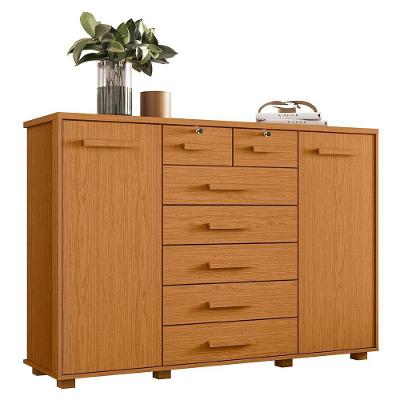 Cômoda Fontana 7 Gavetas em MDF com Puxador em MDF Amadeirado para Quarto Contemporâneo