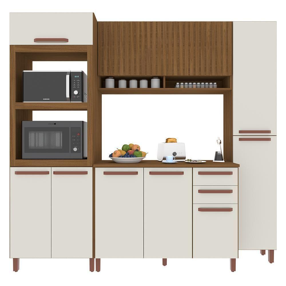 Cozinha Modulada Monza 4 Peças Com Torre Quente 2 Fornos E Paneleiro Freijó-off White - Indékes Freijó-off White - 1