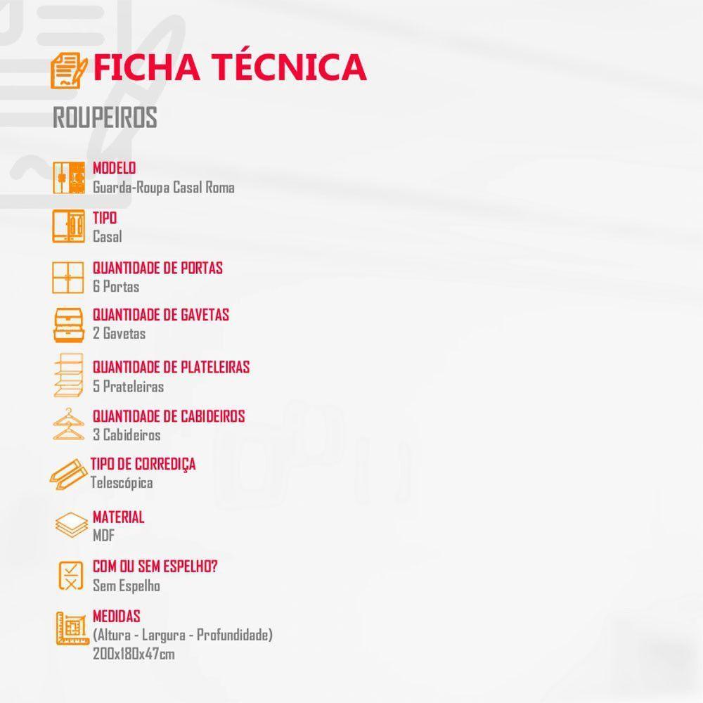 Guarda Roupa Casal Roma Mdf 6 Portas E 2 Gavetas Naturalle/off White - 5
