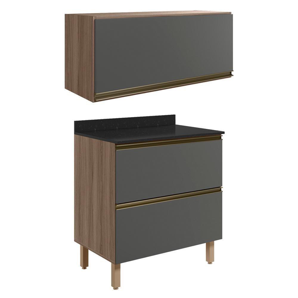 Armario Aereo E Balcao 2 Gavetas Mdf Kali Carvalho Toq Chumbo Nicioli Carvalho Toq Chumbo - 1