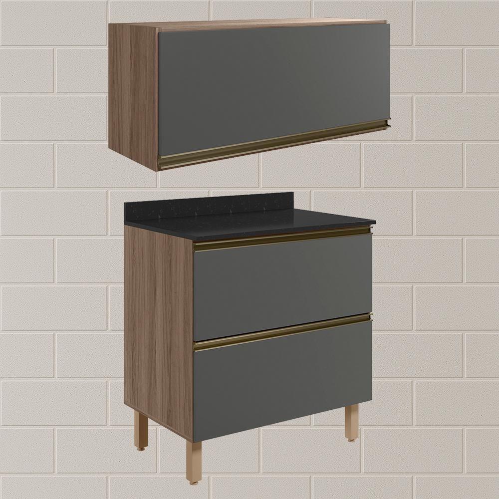 Armario Aereo E Balcao 2 Gavetas Mdf Kali Carvalho Toq Chumbo Nicioli Carvalho Toq Chumbo - 6