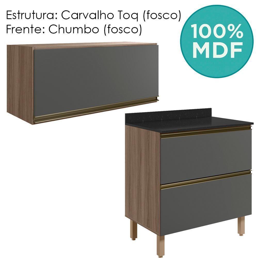 Armario Aereo E Balcao 2 Gavetas Mdf Kali Carvalho Toq Chumbo Nicioli Carvalho Toq Chumbo - 9