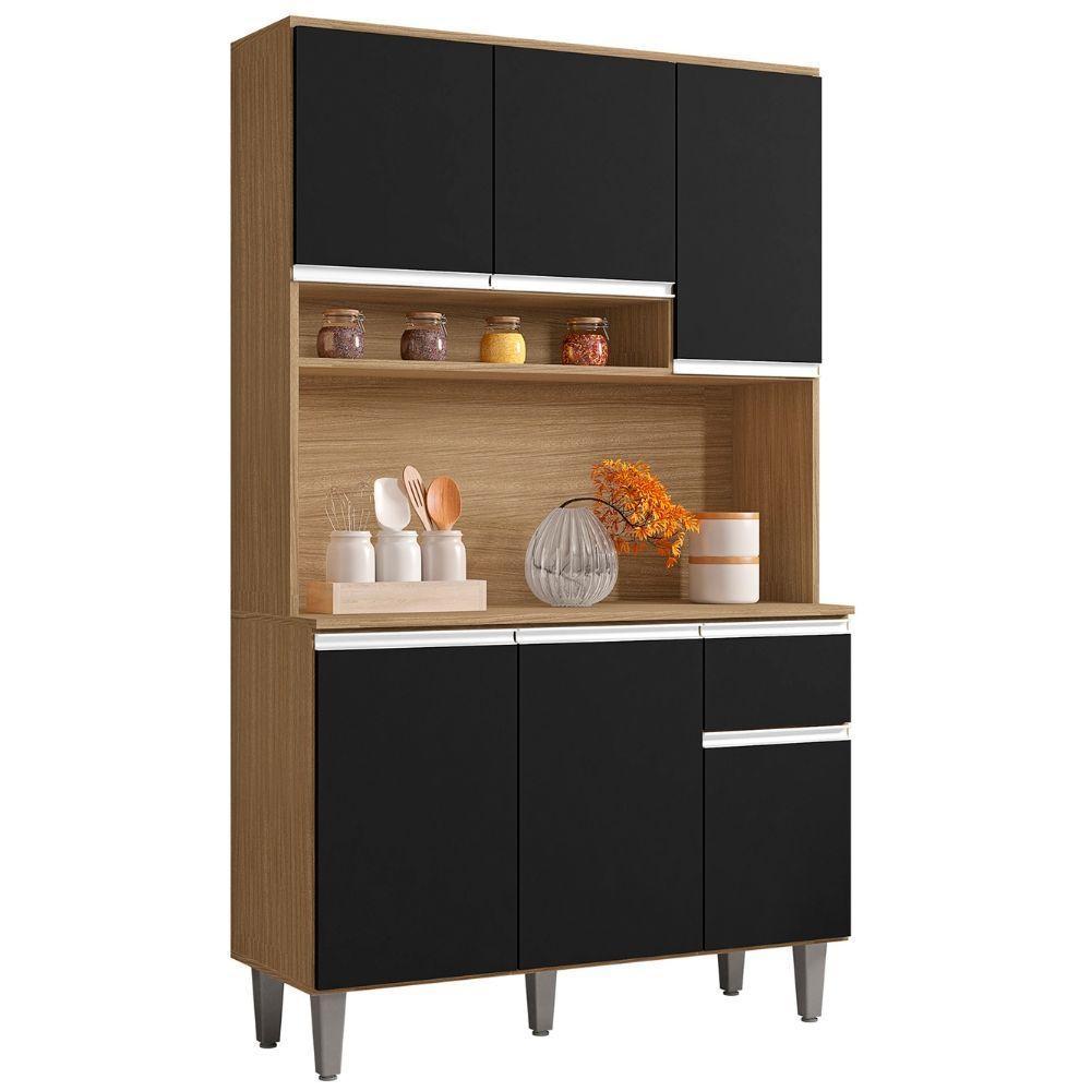 Kit Armário Cozinha Compacta Márcia 6 Portas Amendoa Preto Ajl - 1