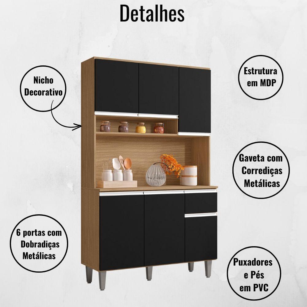 Kit Armário Cozinha Compacta Márcia 6 Portas Amendoa Preto Ajl - 2