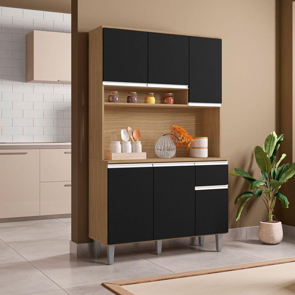 Kit Armário Cozinha Compacta Márcia 6 Portas Amendoa Preto Ajl - 5