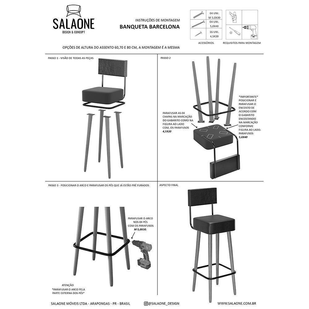 Kit 4 Banquetas Barcelona 96cm Couríssimo Preto - Salaone Preto - 6
