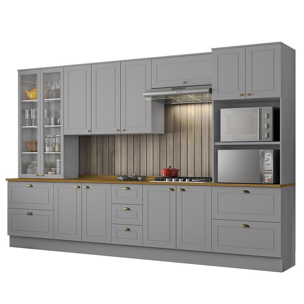 Cozinha Completa 6 Peças Americana Cinza Com Cristaleira Tampo Nature - Móveis Henn Cinza - 1