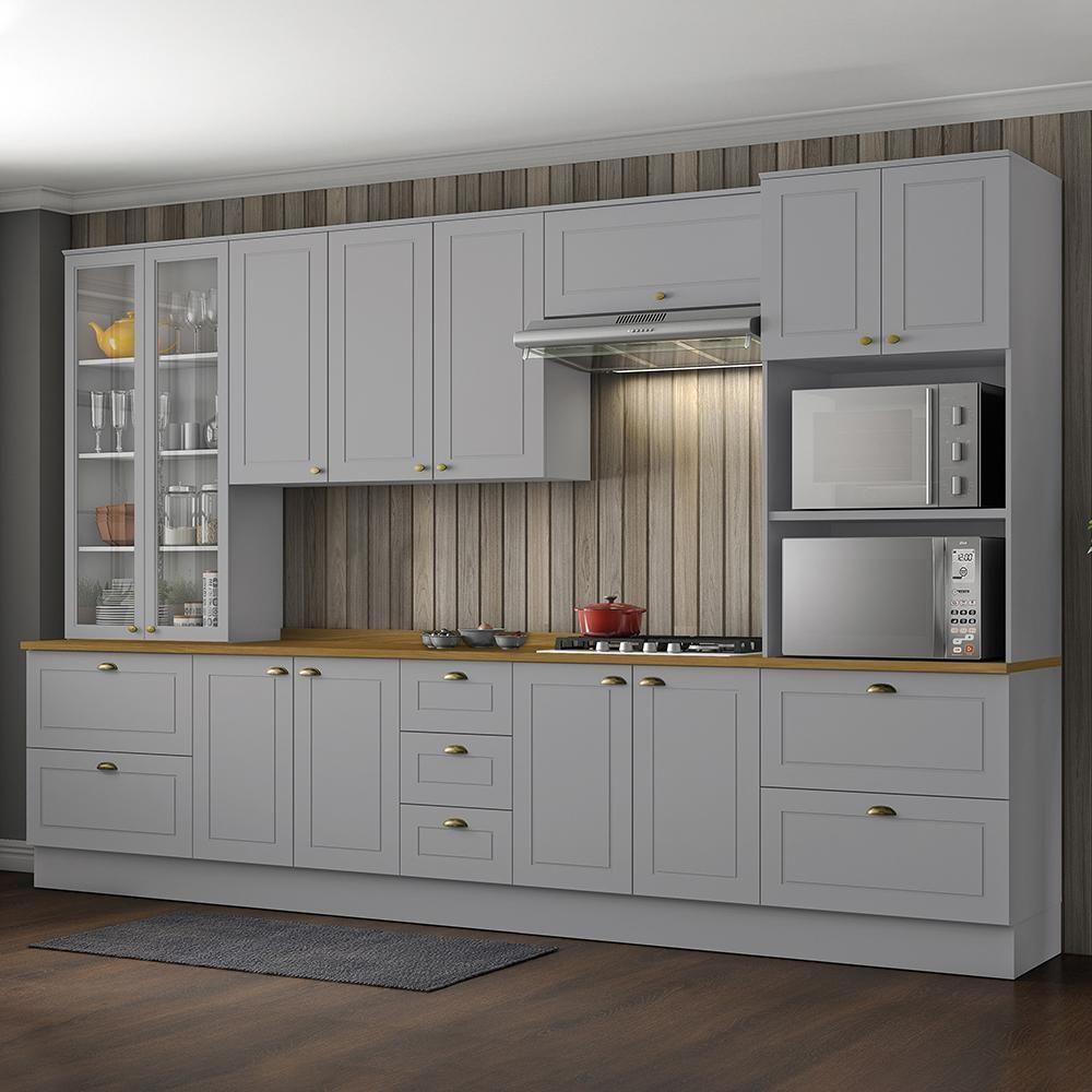 Cozinha Completa 6 Peças Americana Cinza Com Cristaleira Tampo Nature - Móveis Henn Cinza - 2