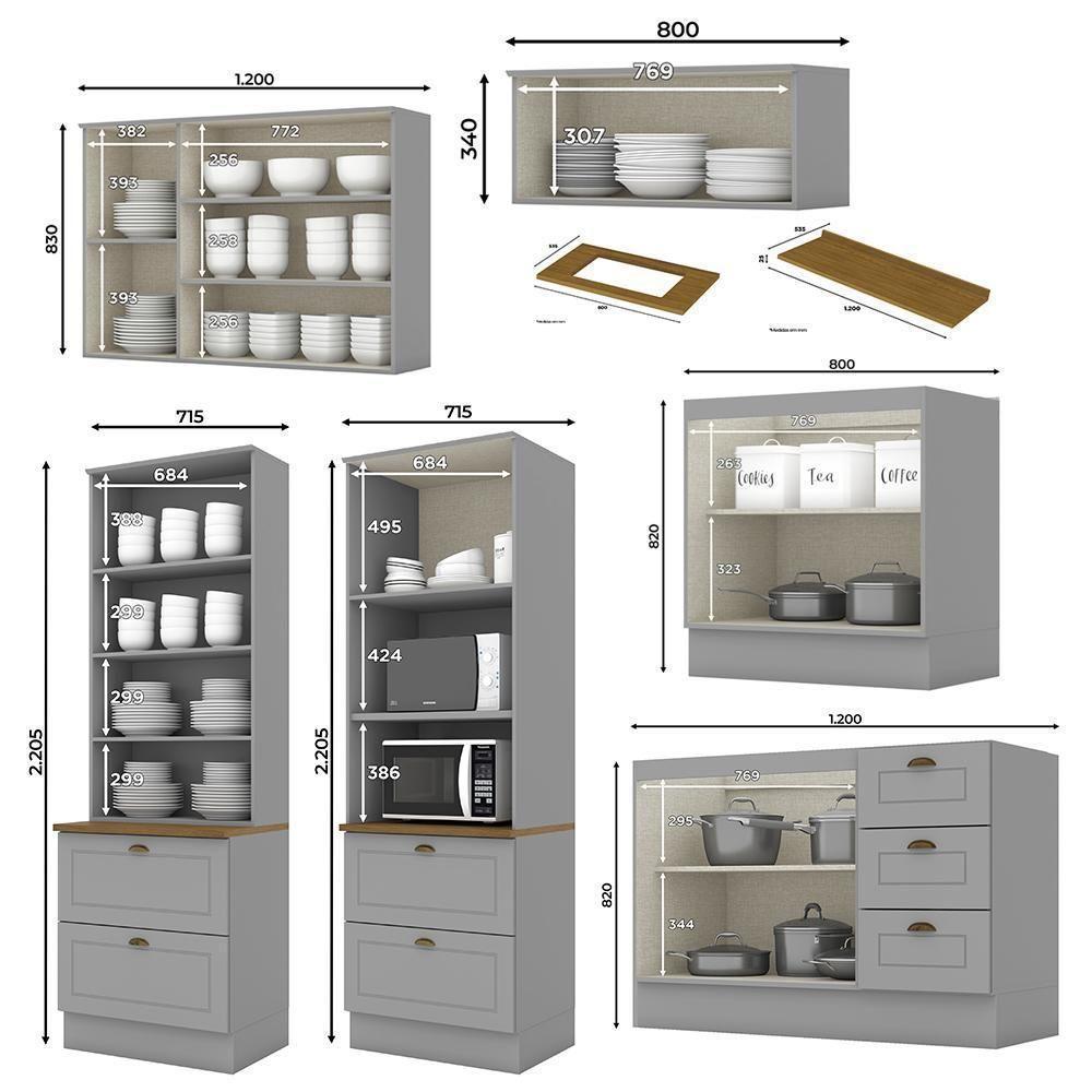 Cozinha Completa 6 Peças Americana Cinza Com Cristaleira Tampo Nature - Móveis Henn Cinza - 3