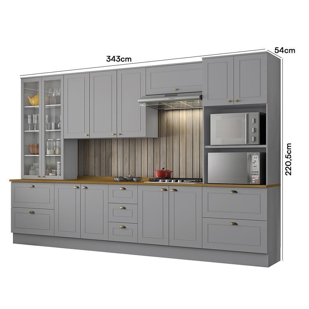 Cozinha Completa 6 Peças Americana Cinza Com Cristaleira Tampo Nature - Móveis Henn Cinza - 4