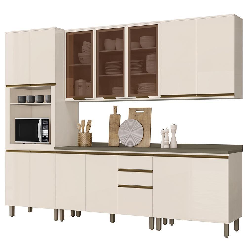 Cozinha Completa 6 Peças Connect Off White Com Aéreo 3 Portas Vidro - Móveis Henn Off White - 1