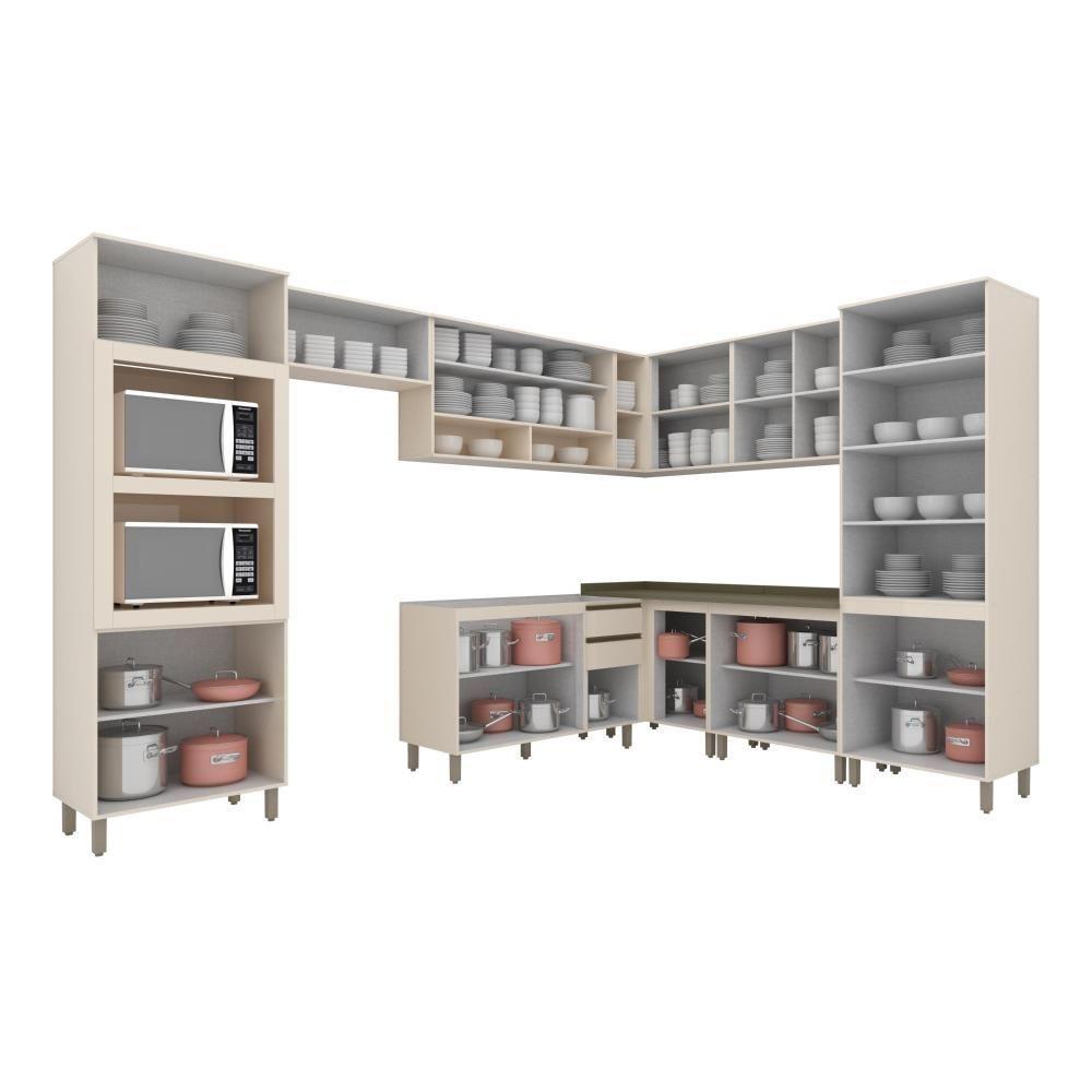 Cozinha Completa De Canto Connect 9 Peças Off White Com Torre Quente E Cristaleira - Móveis Henn Off White - 3