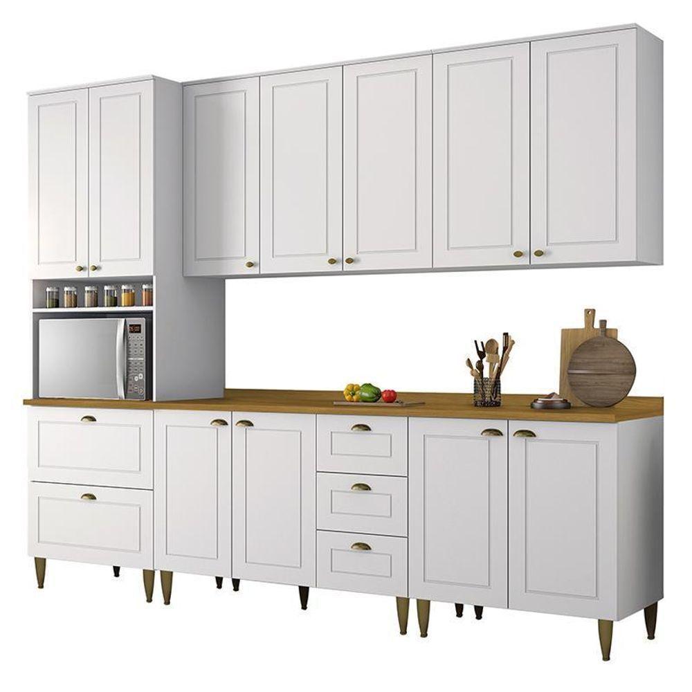 Cozinha Completa 5 Peças Americana Branco Com Torre Quente, Tampo Nature E Pés - Móveis Henn Branco - 1