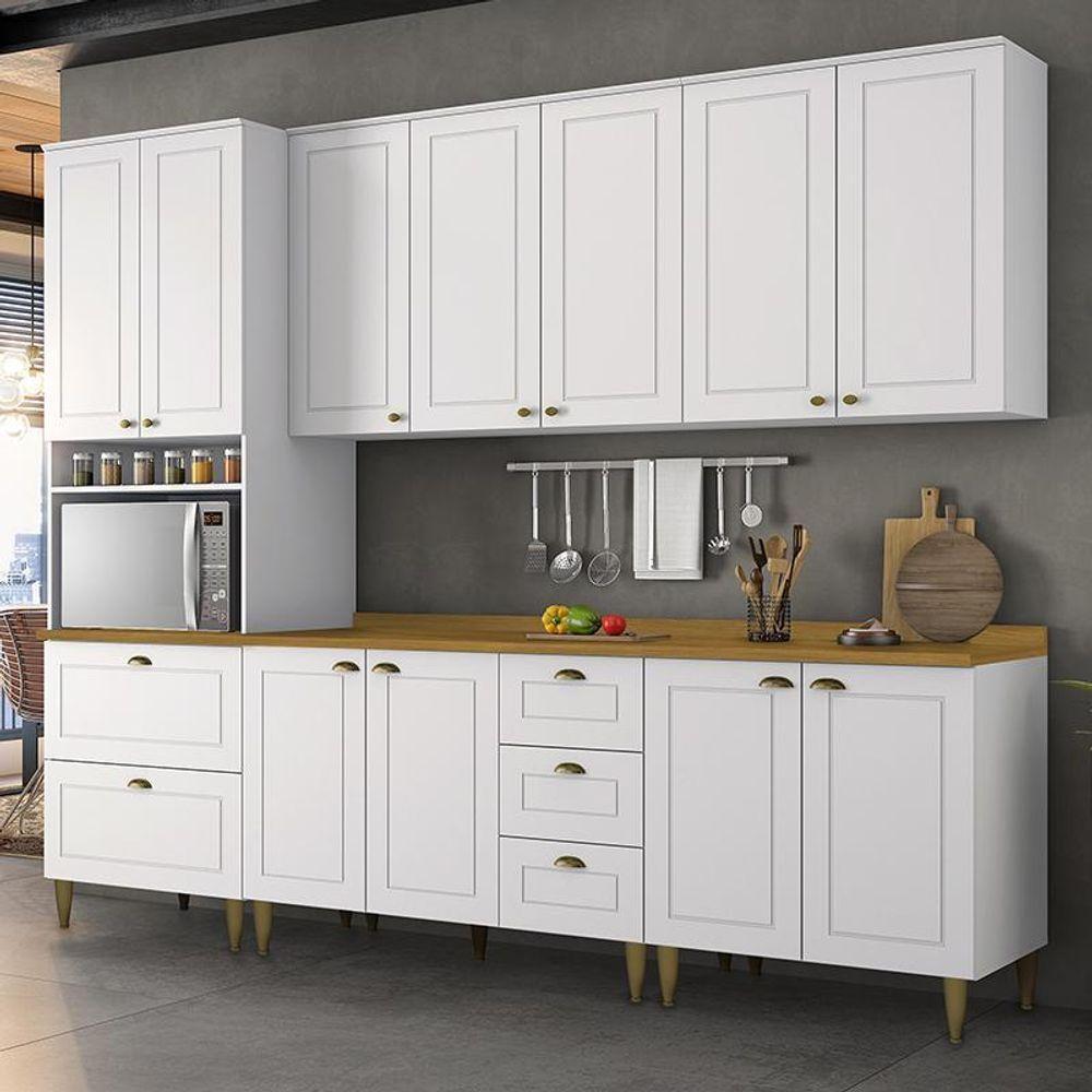 Cozinha Completa 5 Peças Americana Branco Com Torre Quente, Tampo Nature E Pés - Móveis Henn Branco - 2
