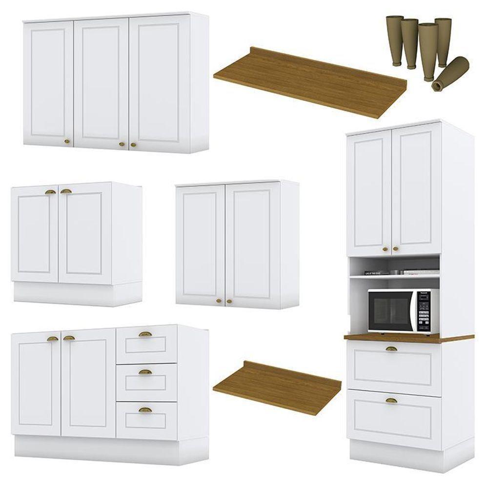 Cozinha Completa 5 Peças Americana Branco Com Torre Quente, Tampo Nature E Pés - Móveis Henn Branco - 3
