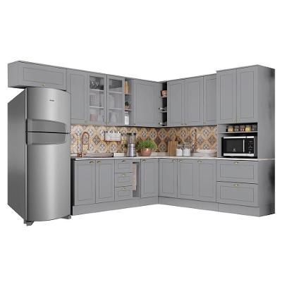 Cozinha Completa de Canto Americana 12 Peças com Torre Quente 16 Portas 100% MDF Cinza Móveis Henn