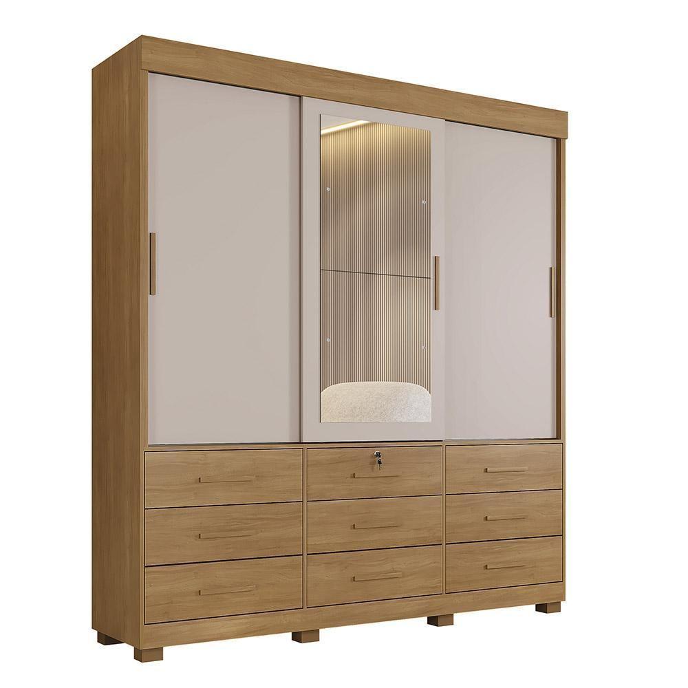 Guarda Roupa 3 Portas De Correr Com Espelho 9 Gavetas Londres Benetil Cinamomo Off White - 1
