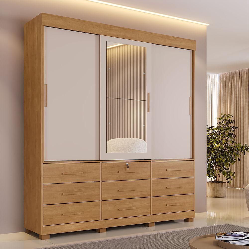 Guarda Roupa 3 Portas De Correr Com Espelho 9 Gavetas Londres Benetil Cinamomo Off White - 2