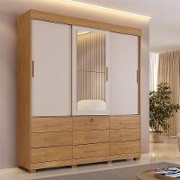 Guarda Roupa 3 Portas De Correr Com Espelho 9 Gavetas Londres Benetil Cinamomo Off White - 2