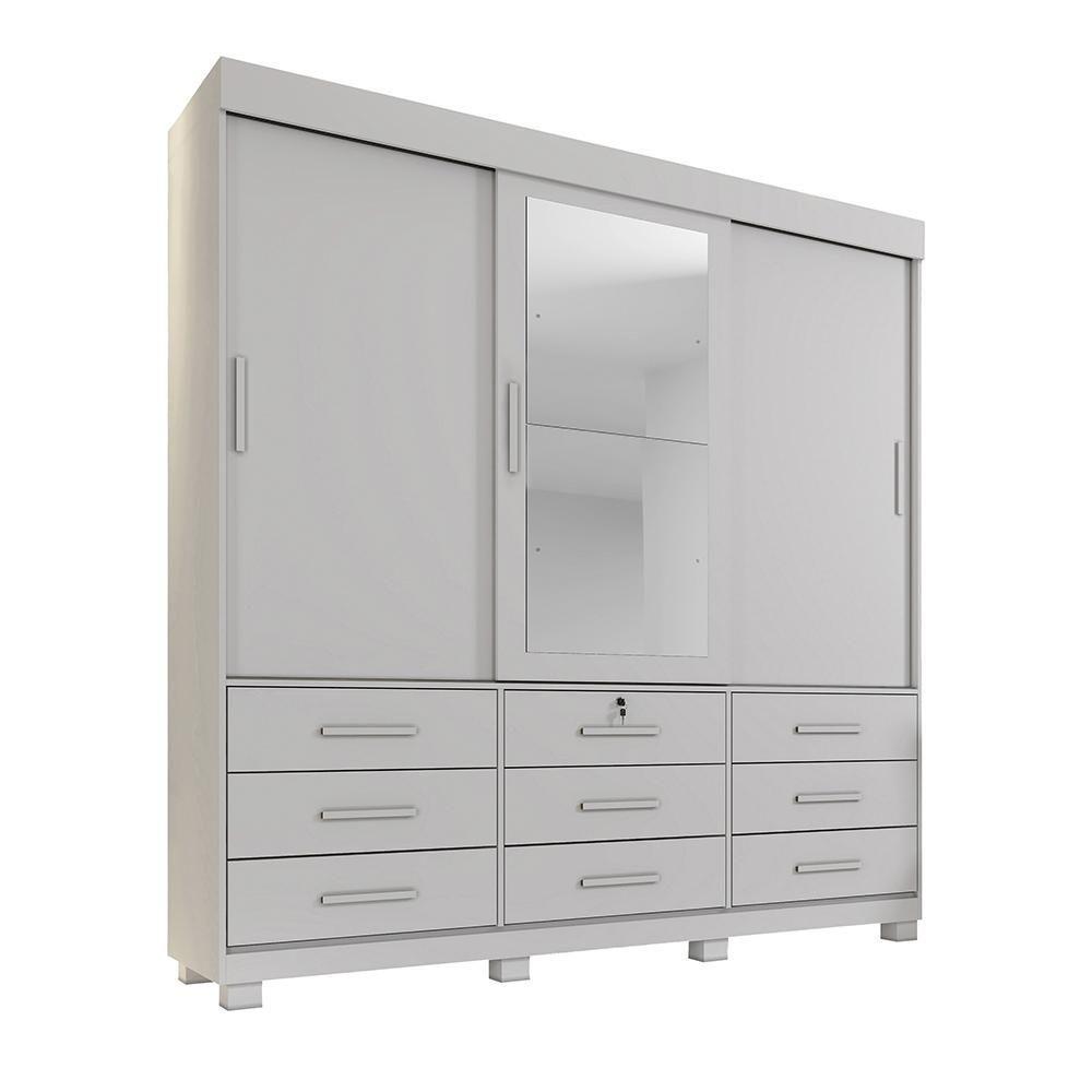 Guarda Roupa 3 Portas De Correr Com Espelho 9 Gavetas Londres Benetil Branco - 1