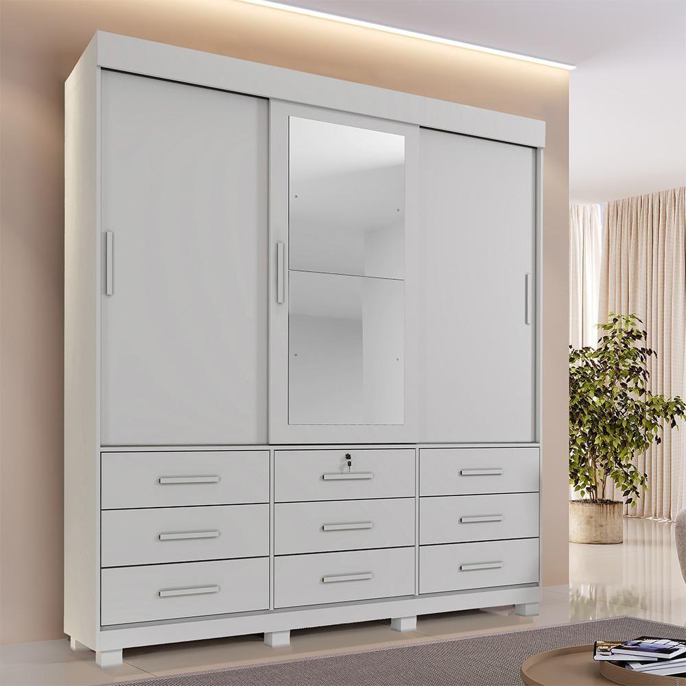 Guarda Roupa 3 Portas De Correr Com Espelho 9 Gavetas Londres Benetil Branco - 2