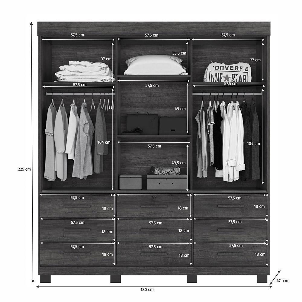 Guarda Roupa 3 Portas De Correr Com Espelho 9 Gavetas Londres Benetil Branco - 3