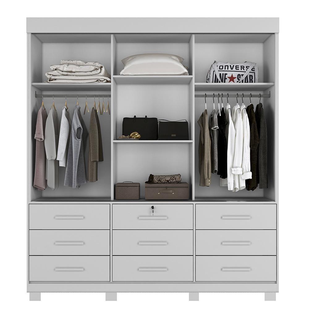 Guarda Roupa 3 Portas De Correr Com Espelho 9 Gavetas Londres Benetil Branco - 4