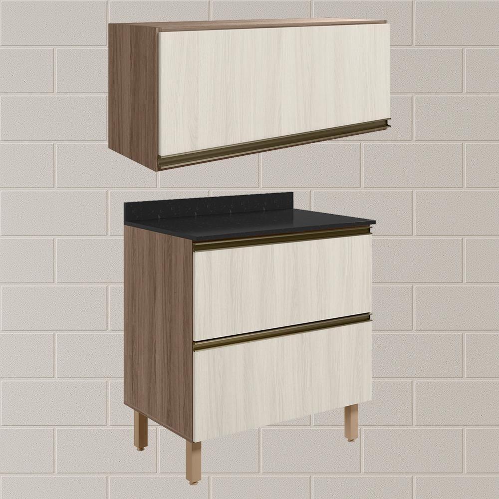 Armario Aereo E Balcao 2 Gavetas Mdf Kali Carvalho Toq Bianco Toq Nicioli Carvalho Toq Bianco Toq - 2