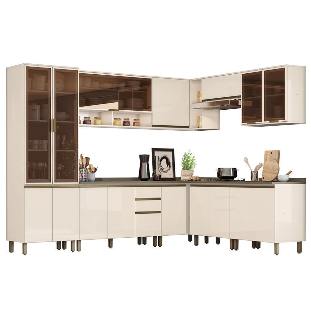 Cozinha Completa De Canto 9 Peças Connect Off White Com Cristaleira E Aéreo Vidro - Móveis Henn Off White - 1