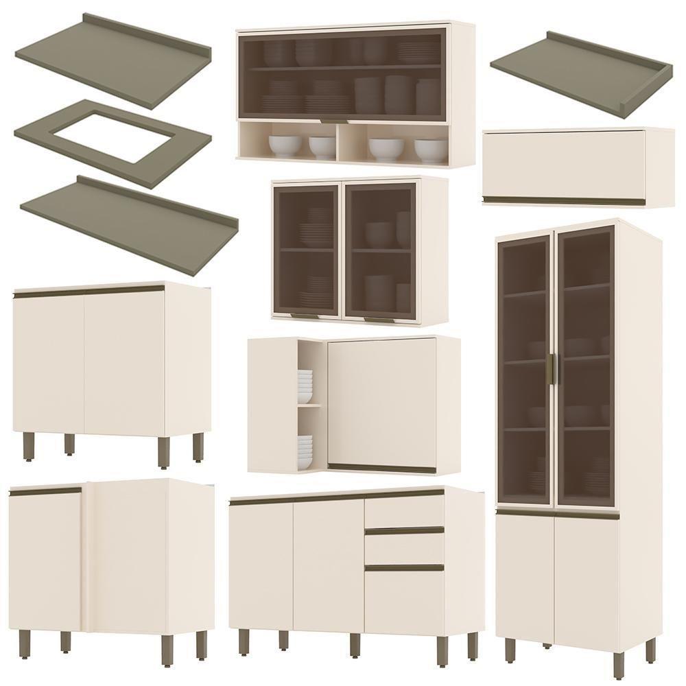 Cozinha Completa De Canto 9 Peças Connect Off White Com Cristaleira E Aéreo Vidro - Móveis Henn Off White - 3