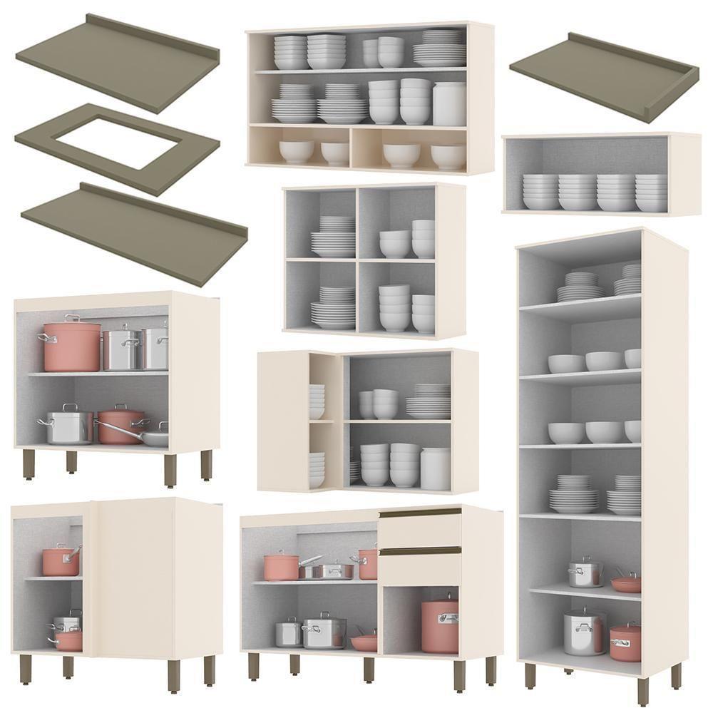 Cozinha Completa De Canto 9 Peças Connect Off White Com Cristaleira E Aéreo Vidro - Móveis Henn Off White - 4