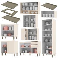 Cozinha Completa De Canto 9 Peças Connect Off White Com Cristaleira E Aéreo Vidro - Móveis Henn Off White