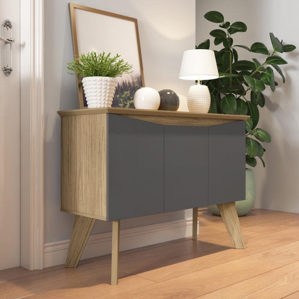 Aparador Buffet 110cm 3 Portas Com Pés Retrô Multimóveis Cr50128 Carvalho-grafite - 1