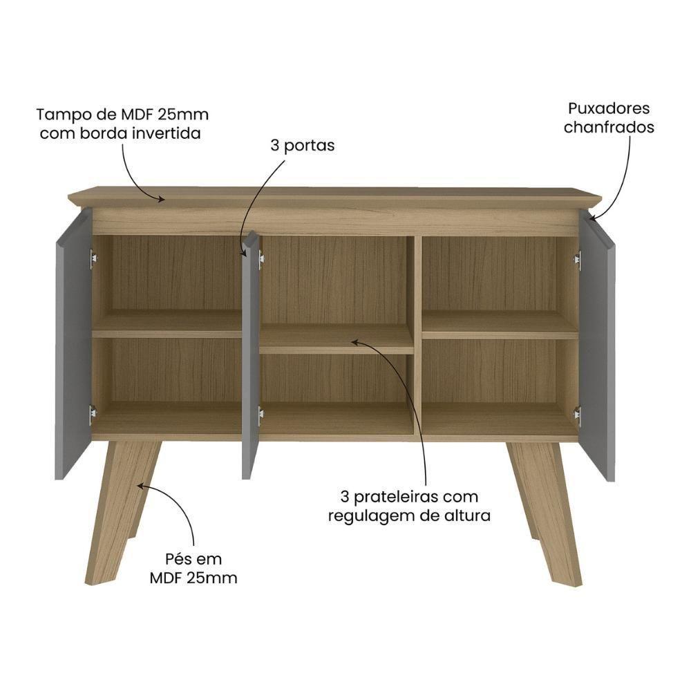 Aparador Buffet 110cm 3 Portas Com Pés Retrô Multimóveis Cr50128 Carvalho-grafite - 3