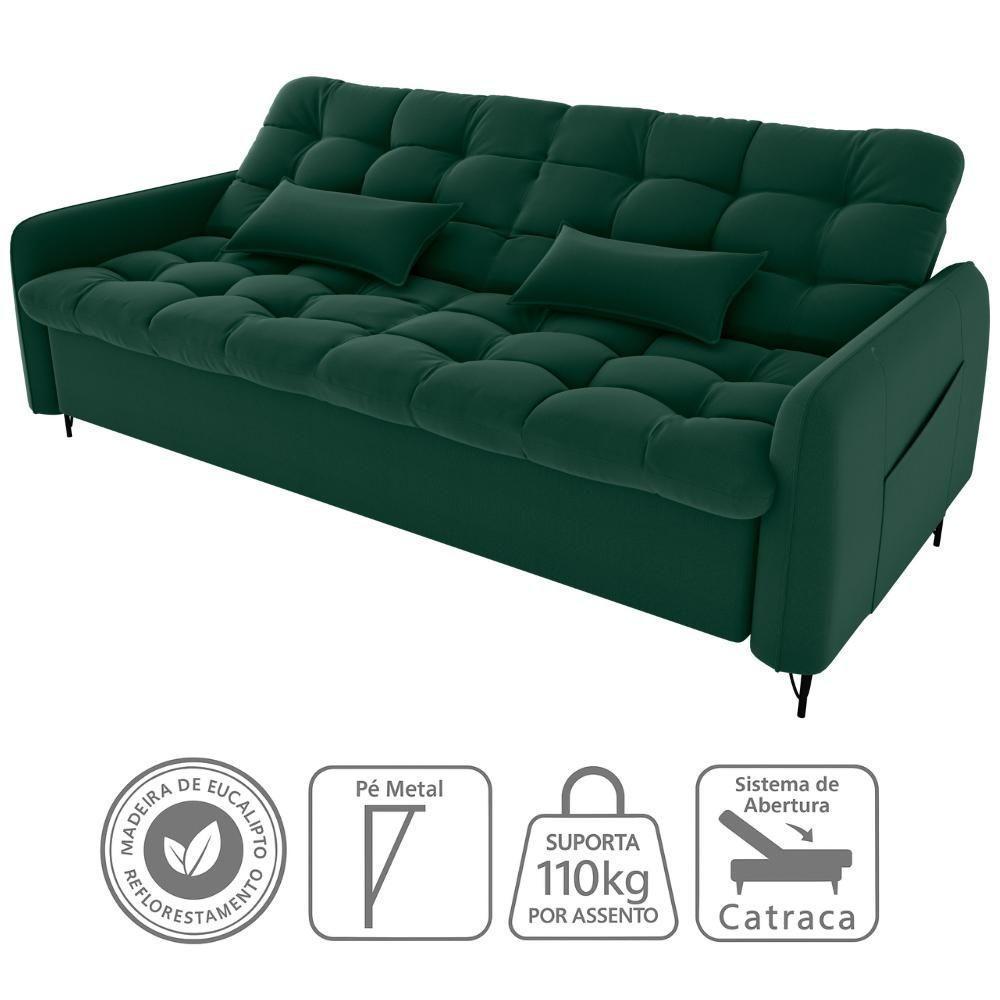Sofa Cama 2 Lugares 200cm Pillar Veludo E402 Verde Milani Store Verde - 6