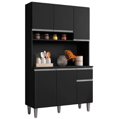 Kit Armário Cozinha Compacta Márcia 6 Portas 1 Gaveta MDP 105cm Preto com Nicho Decorativo