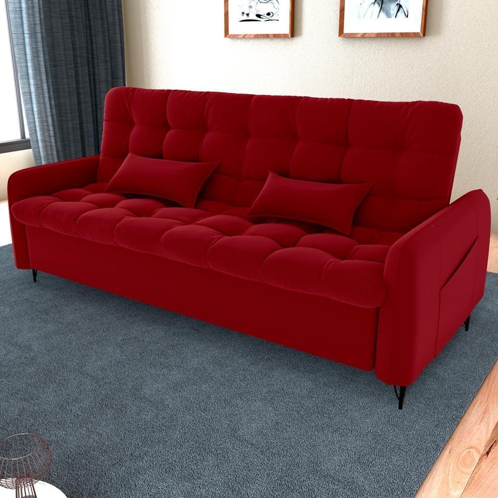 Sofa Cama 2 Lugares 200cm Pillar Veludo E404 Vermelho Milani Store Vermelho - 2