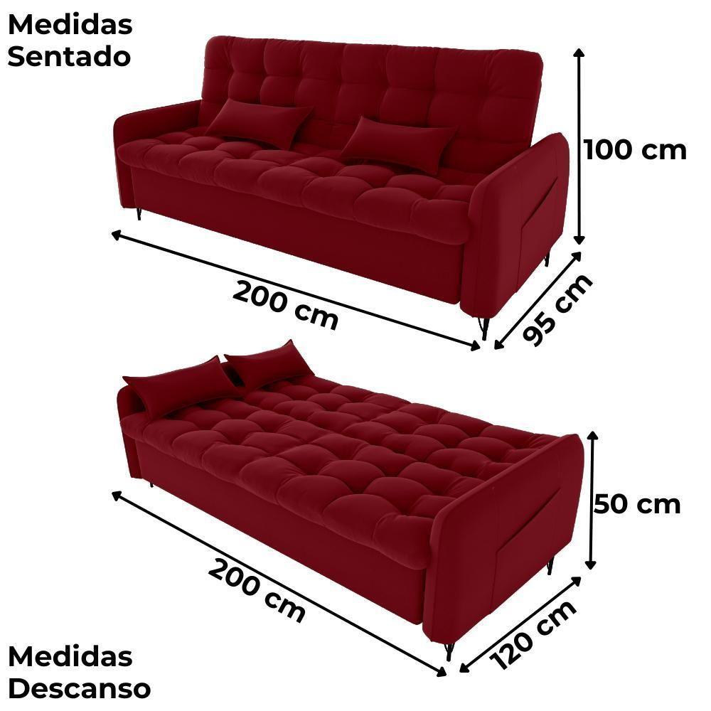 Sofa Cama 2 Lugares 200cm Pillar Veludo E404 Vermelho Milani Store Vermelho - 3