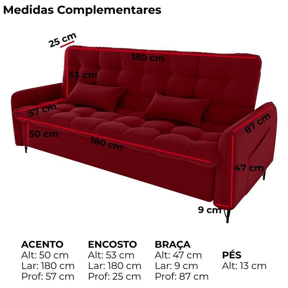 Sofa Cama 2 Lugares 200cm Pillar Veludo E404 Vermelho Milani Store Vermelho - 4