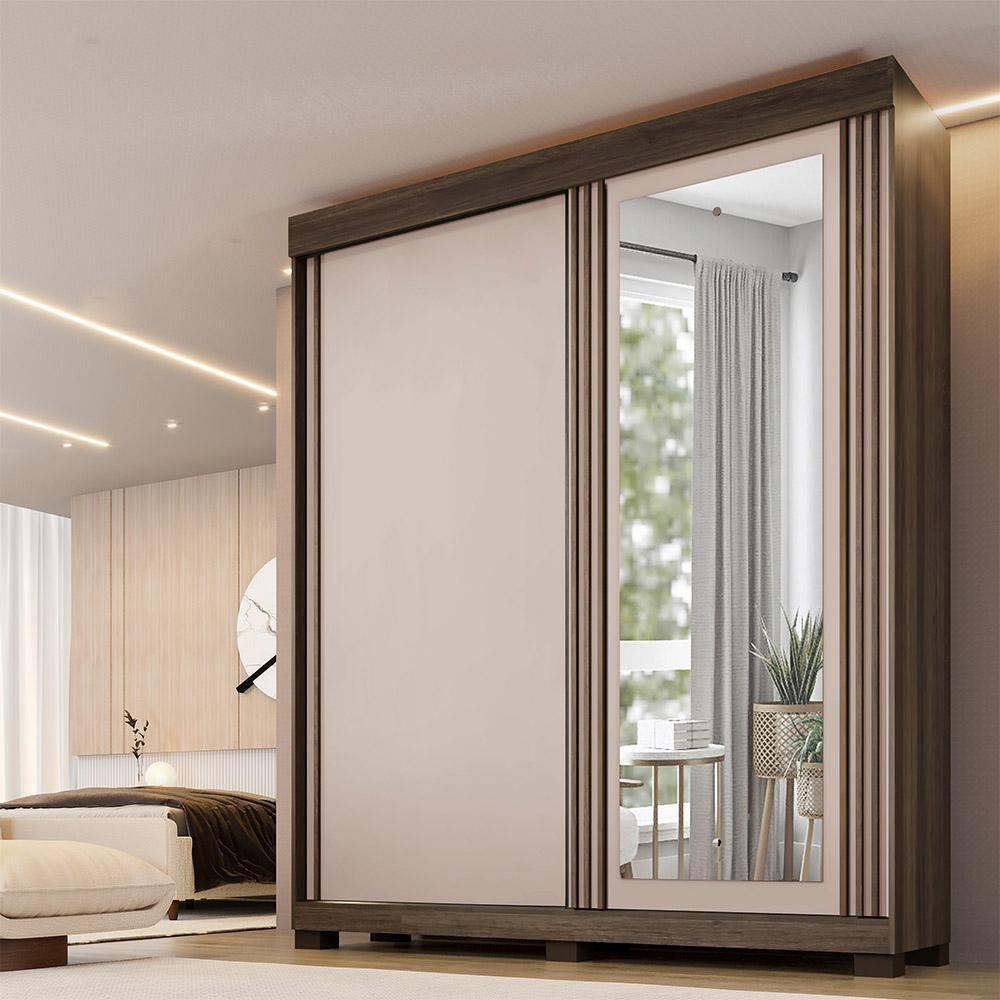 Guarda Roupa 2 Portas De Correr Com Espelho 3 Gavetas Mônaco Benetil Imbuia Off White - 2