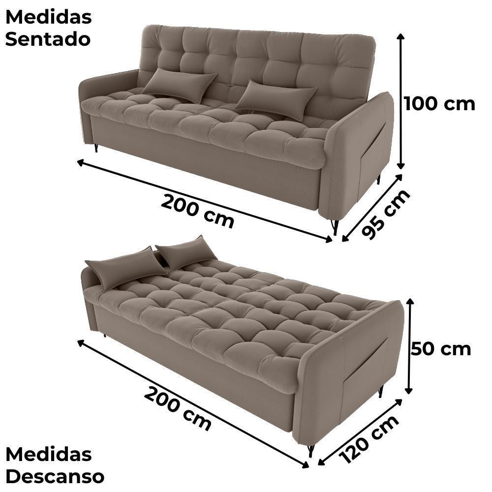 Sofa Cama 2 Lugares 200cm Pillar Veludo E400 Marrom Claro Milani Store Marrom Claro - 3