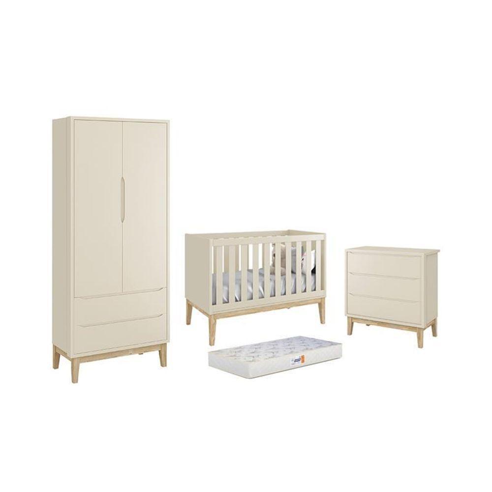 Dormitório Classic 2 Portas Areia Fosco Com Pés Madeira Natural E Colchão D18 Branco - Reller Móveis Areia Fosco - 1